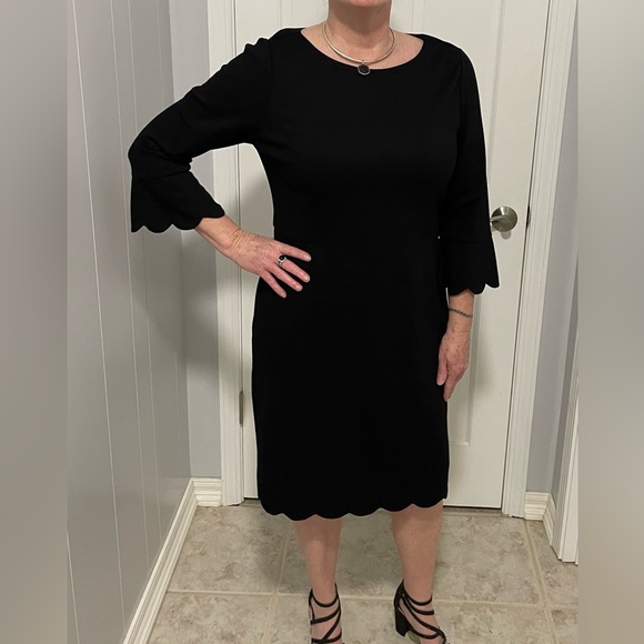 Talbots LBD black sheath dress back zip w/ scallop bell sleeve W/ Garment Bag! - Picture 2 of 9